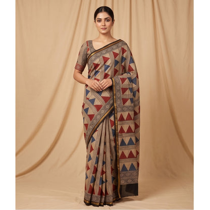 Chanderi Printed Saree – Crimson & Blue