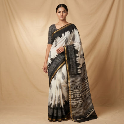 Chanderi Printed Saree – Midnight Black Tree Print