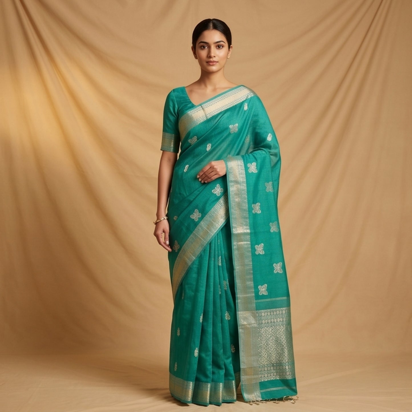 Maheshwari Handloom Silk-Cotton Saree – Emerald Green