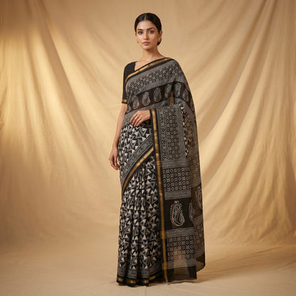 Chanderi Printed Saree – Midnight Black Triangle Print