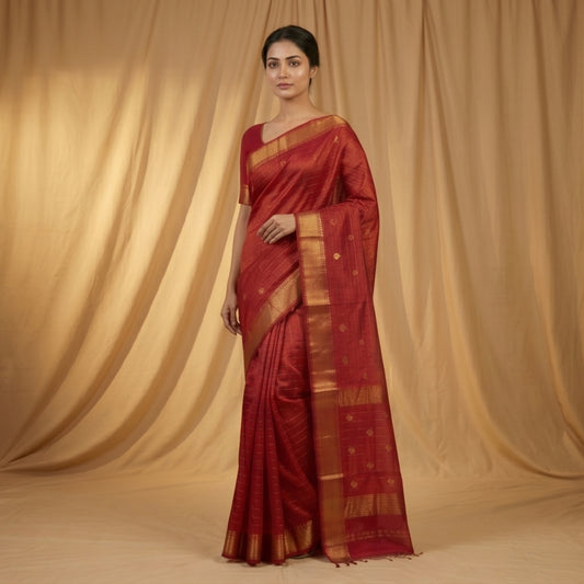 Handwoven Maheshwari Saree with Rich Zari Border-Crimson Red