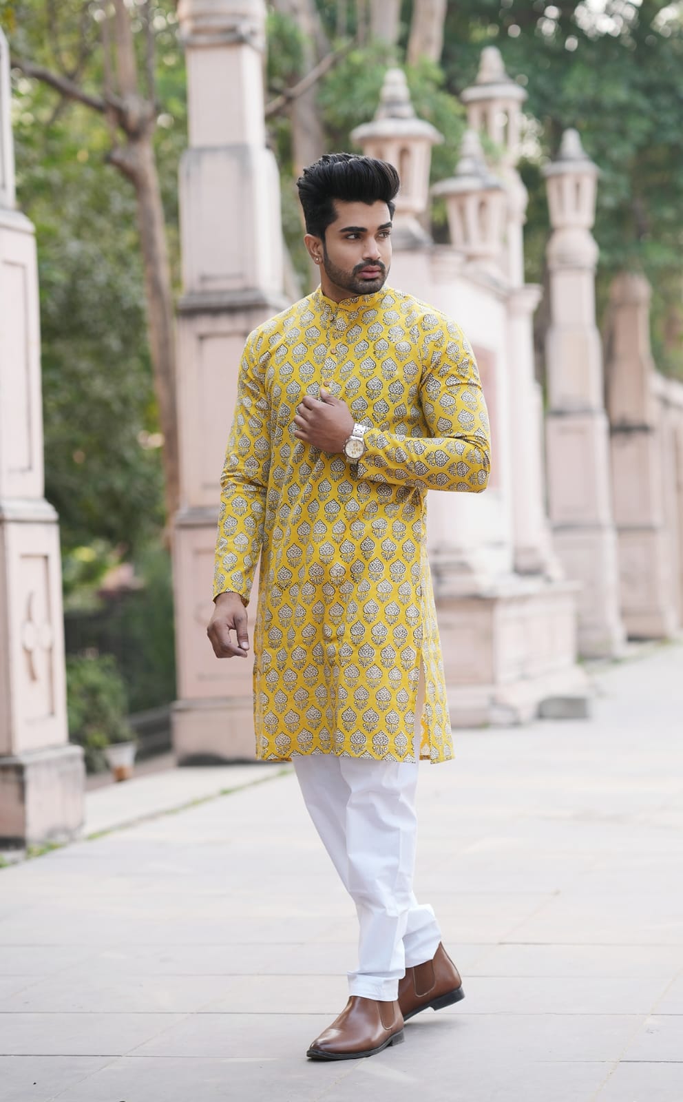 Men's Hand Block Print Cotton Kurta – Mustard Yellow
