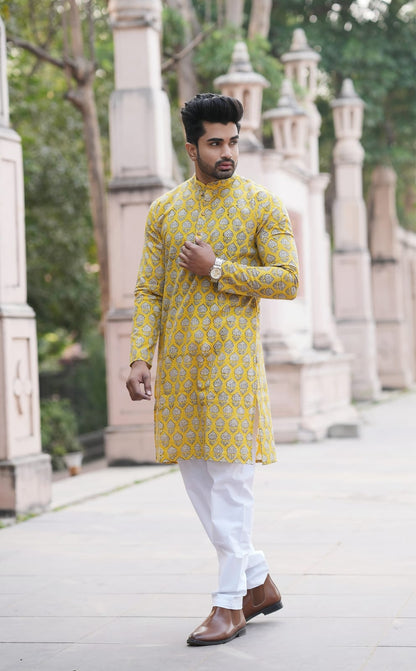 Men's Hand Block Print Cotton Kurta – Mustard Yellow