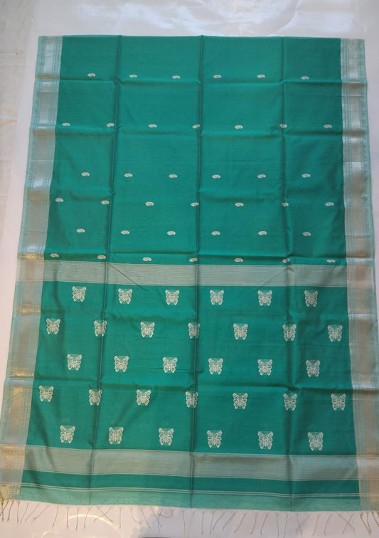 Maheshwari Handloom Silk-Cotton Saree – Emerald Green