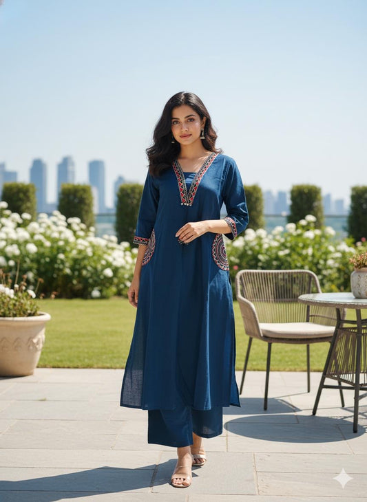 Women's Embroidery Cotton Kurta Palazzo Set – Deep Teal Blue