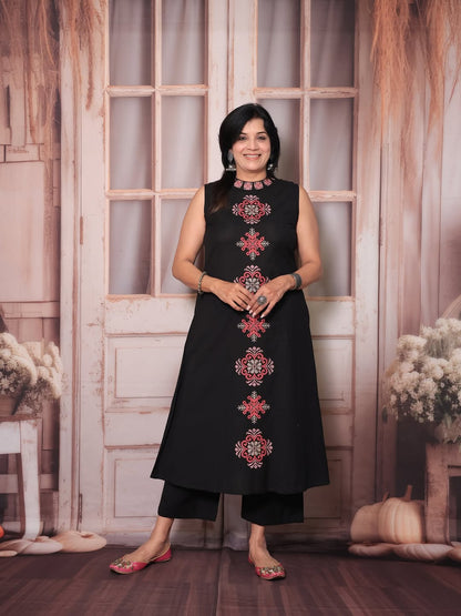 Women's Embroidery Cotton Kurta Palazzo Set – Black