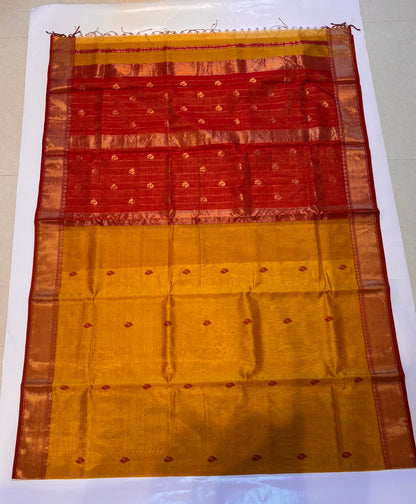Maheshwari Handloom Silk-Cotton Saree – Mustard Gold with Deep Red Zari Pallu