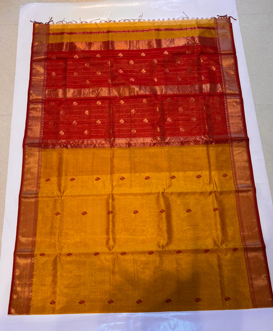 Maheshwari Handloom Silk-Cotton Saree – Mustard Gold with Deep Red Zari Pallu
