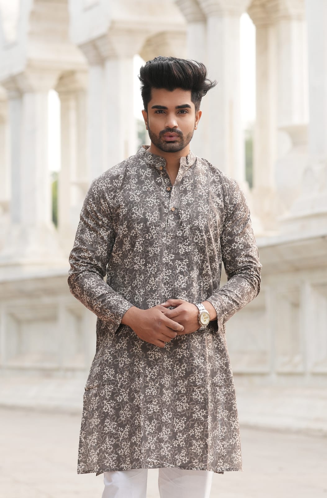 Men's Hand Block Print Cotton Kurta – Charcoal Grey