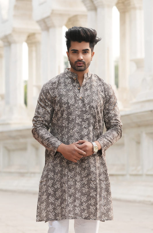 Men's Hand Block Print Cotton Kurta – Charcoal Grey