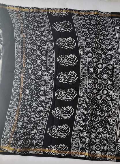 Chanderi Printed Saree – Midnight Black Triangle Print