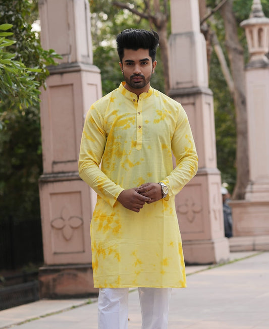 Men's Hand Block Print Cotton Kurta – Mustard Yellow