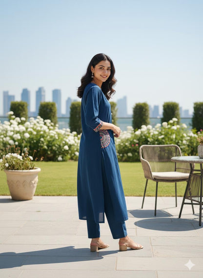 Women's Embroidery Cotton Kurta Palazzo Set – Deep Teal Blue