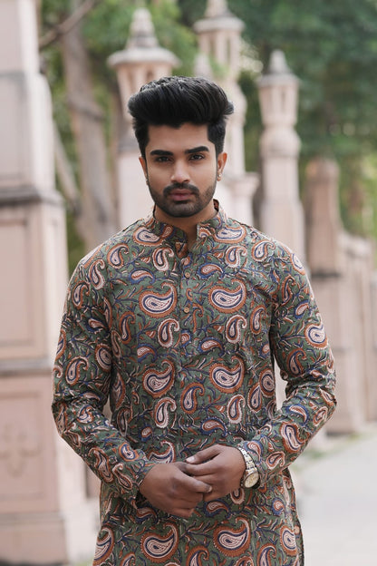 Men's Hand Block Print Cotton Kurta – Green