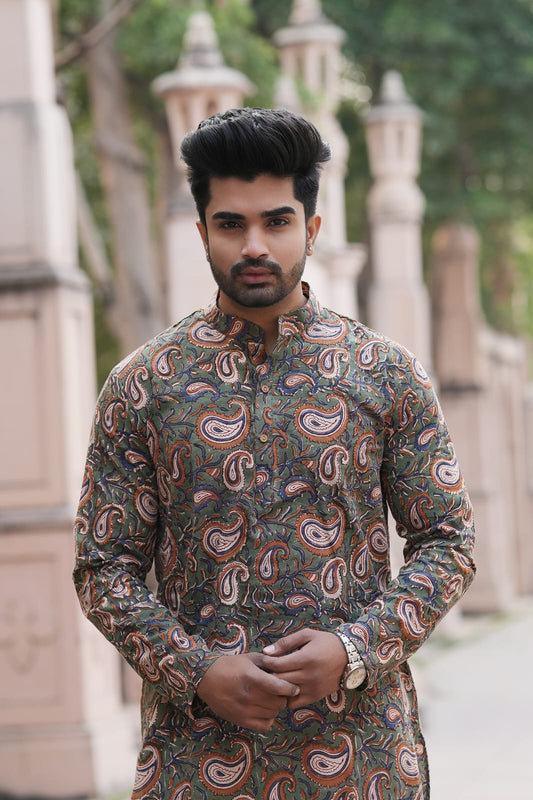 Men's Hand Block Print Cotton Kurta – Green