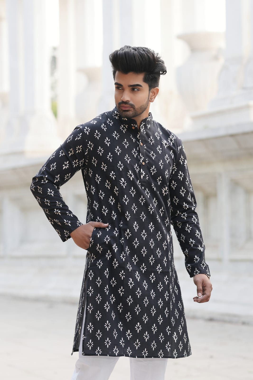 Men's Hand Block Print Cotton Kurta – Black