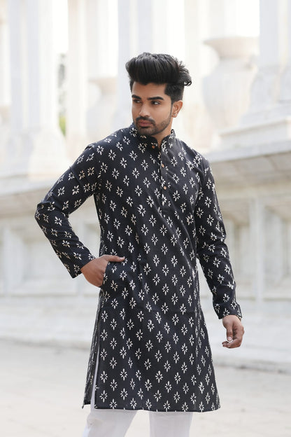 Men's Hand Block Print Cotton Kurta – Black