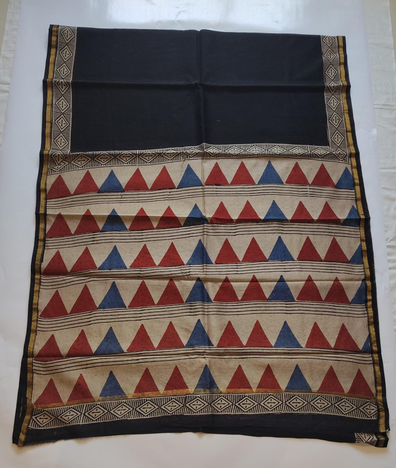 Chanderi Printed Saree – Crimson & Blue