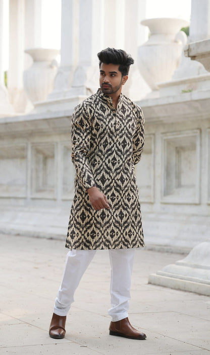 Men's Hand Block Print Cotton Kurta – Black