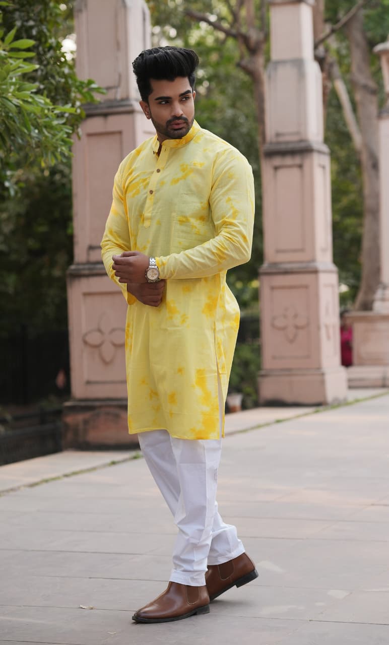 Men's Hand Block Print Cotton Kurta – Mustard Yellow