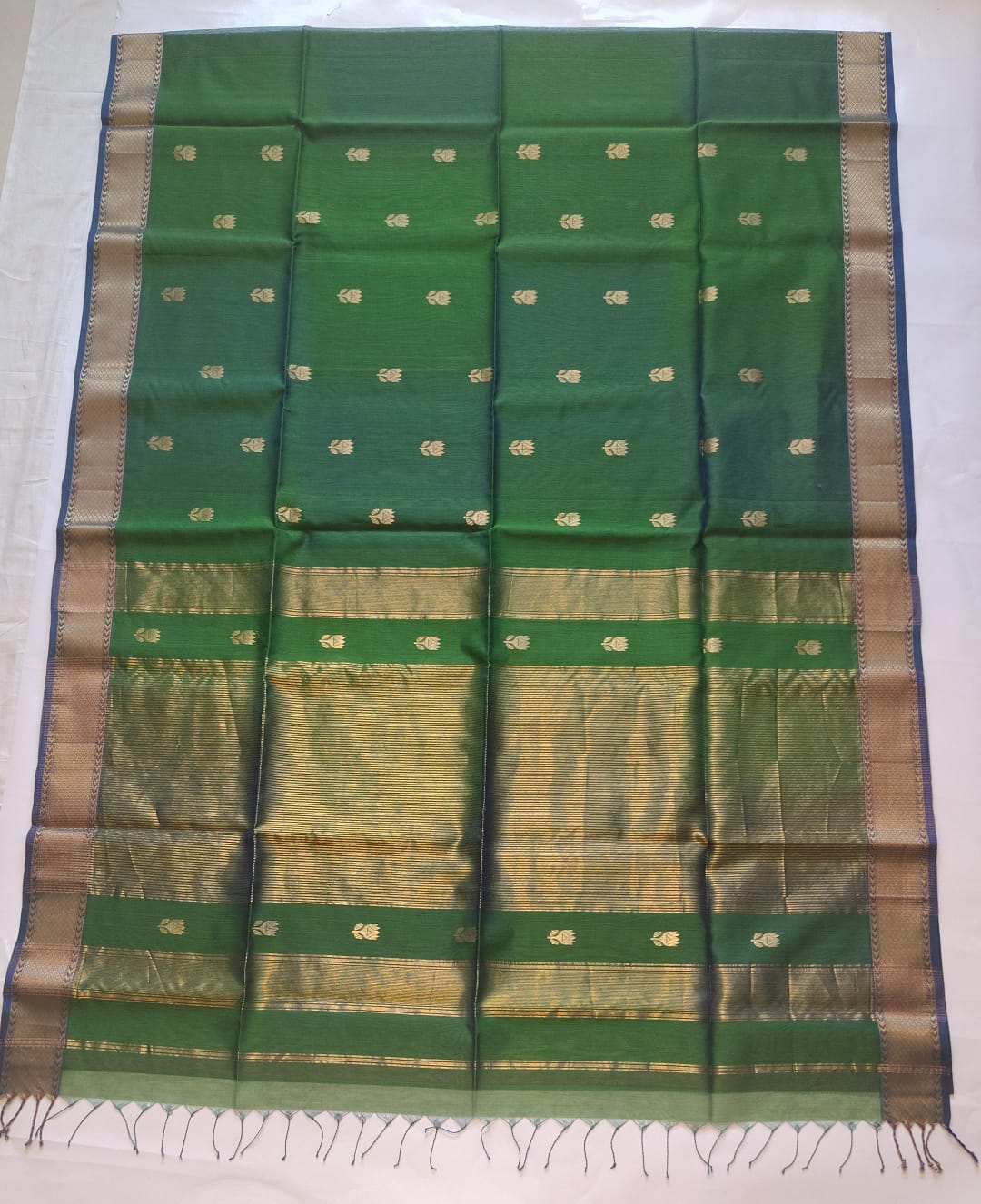 Maheshwari Handloom Silk-Cotton Saree – Forest Green