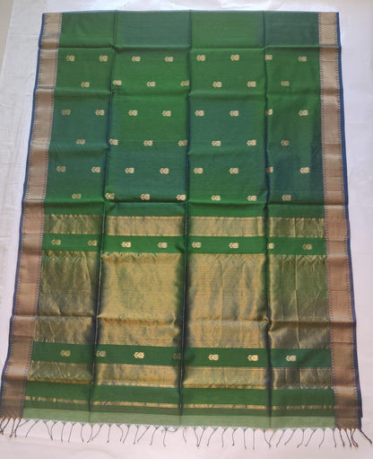 Maheshwari Handloom Silk-Cotton Saree – Forest Green
