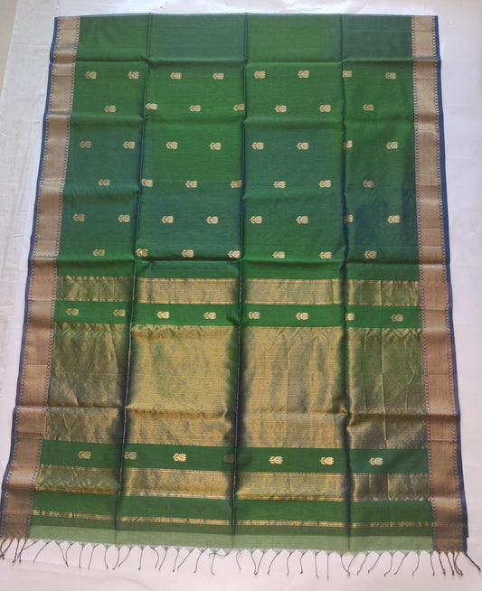 Maheshwari Handloom Silk-Cotton Saree – Forest Green