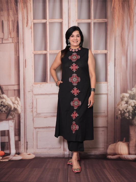 Women's Embroidery Cotton Kurta Palazzo Set – Black