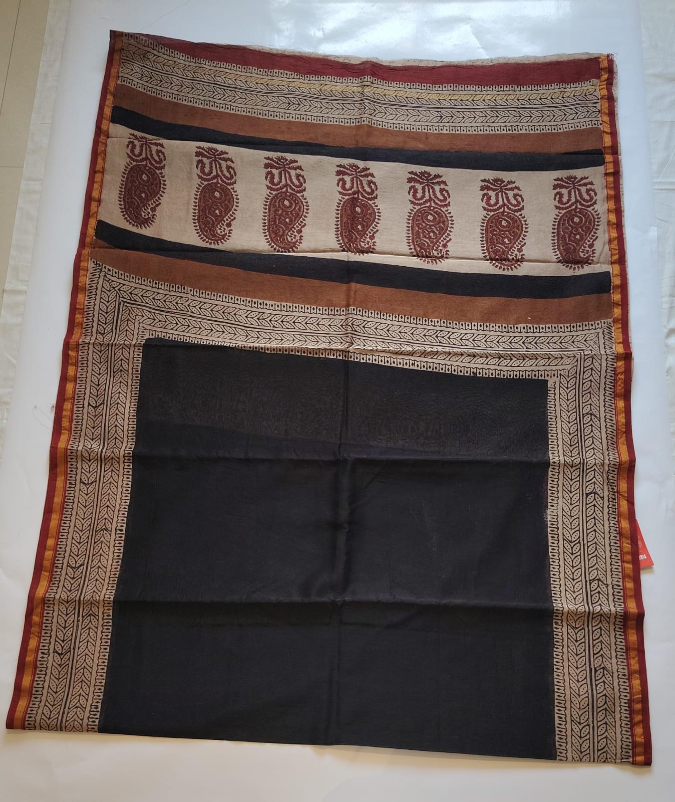 Chanderi Printed Saree – Crimson & Earthy Brown