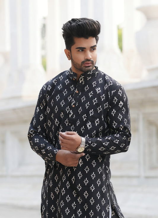 Men's Hand Block Print Cotton Kurta – Black