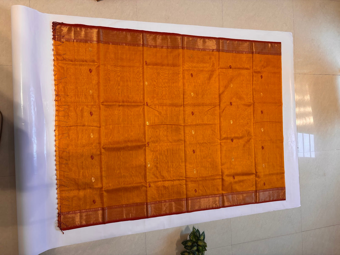Maheshwari Handloom Silk-Cotton Saree – Mustard Gold with Deep Red Zari Pallu