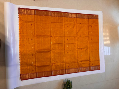 Maheshwari Handloom Silk-Cotton Saree – Mustard Gold with Deep Red Zari Pallu