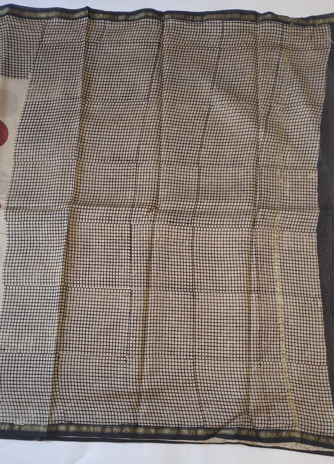 Chanderi Printed Saree – Ivory Noir Polka