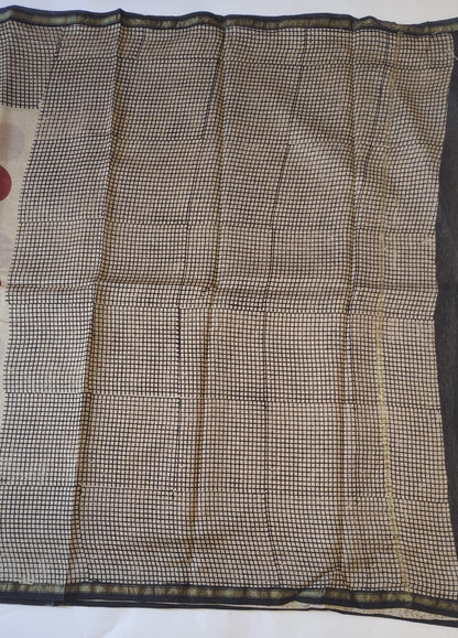 Chanderi Printed Saree – Ivory Noir Polka