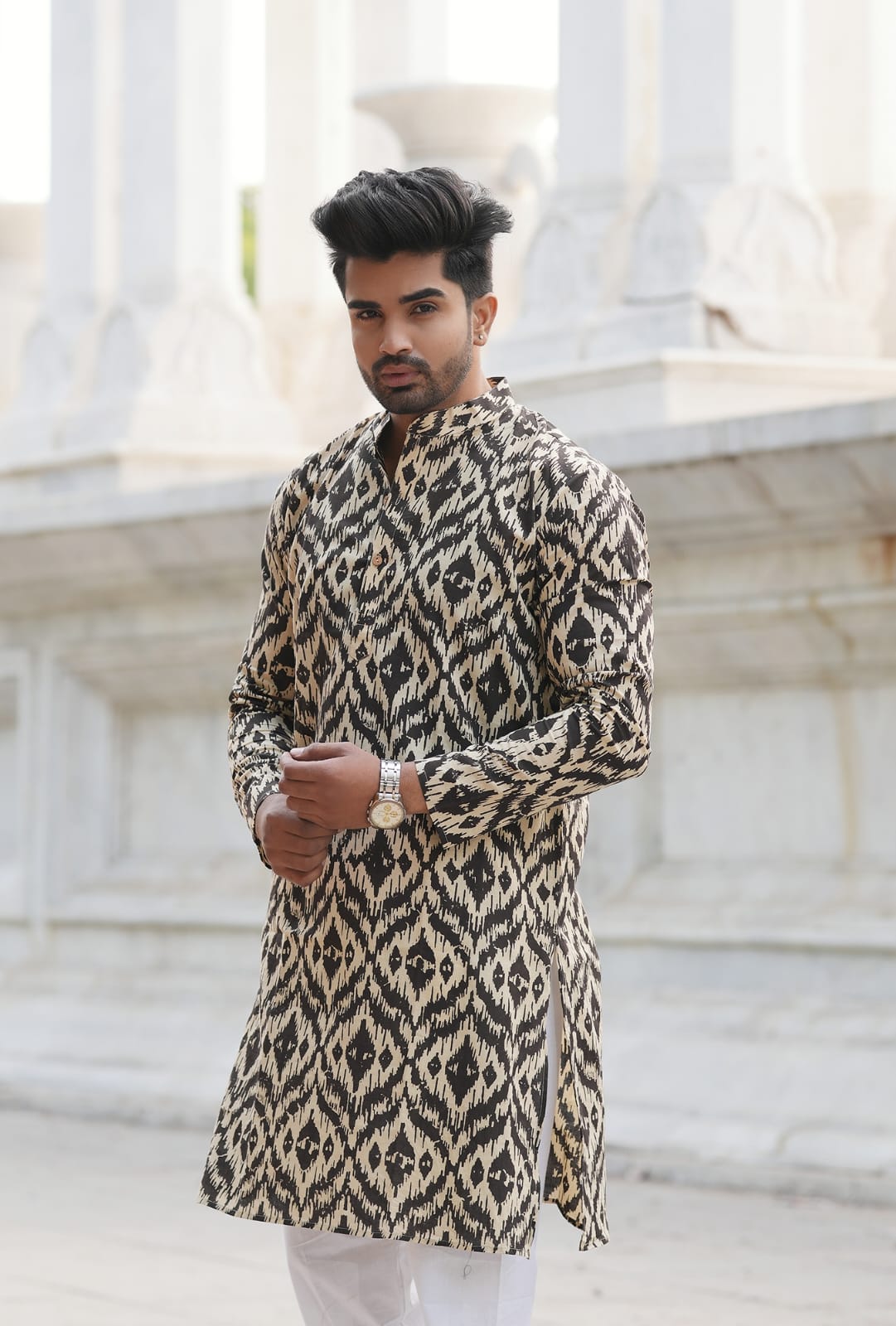 Men's Hand Block Print Cotton Kurta – Black