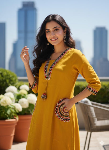 Women's Embroidery Cotton Kurta Palazzo Set – Mustard Yellow