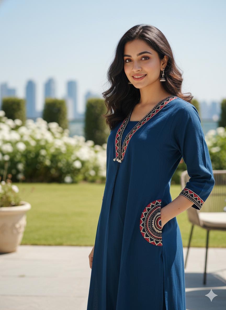 Women's Embroidery Cotton Kurta Palazzo Set – Deep Teal Blue