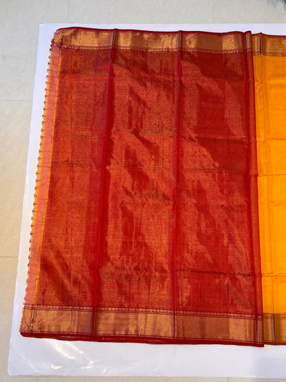 Yellow Maheshwari Handloom Saree with Rich Red Zari Pallu