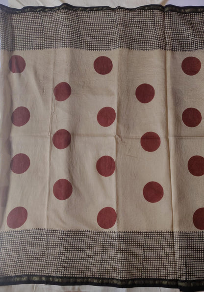Chanderi Printed Saree – Ivory Noir Polka