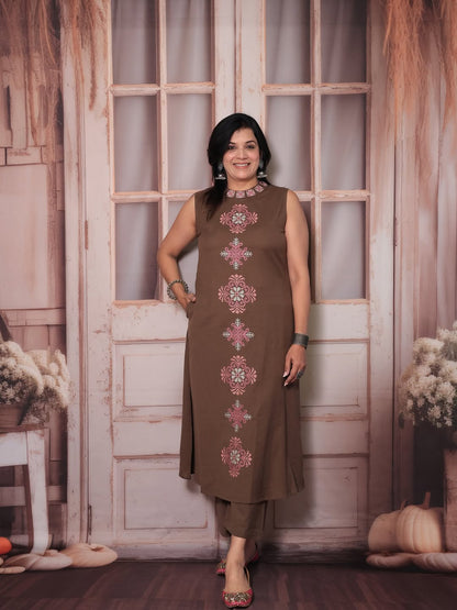 Women's Embroidery Cotton Kurta Palazzo Set – Earthy Brown