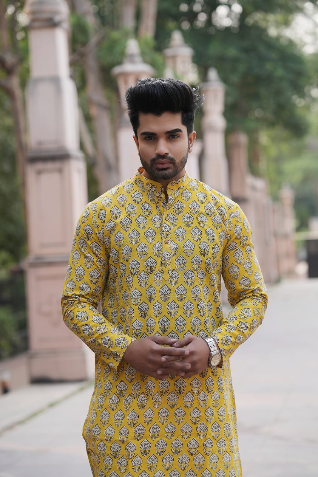 Men's Hand Block Print Cotton Kurta – Mustard Yellow