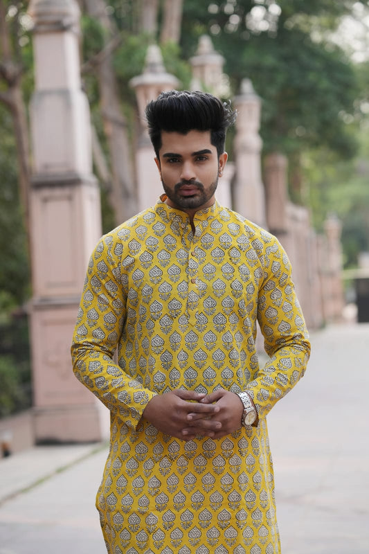 Men's Hand Block Print Cotton Kurta – Mustard Yellow