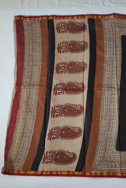 Chanderi Printed Saree – Crimson & Earthy Brown