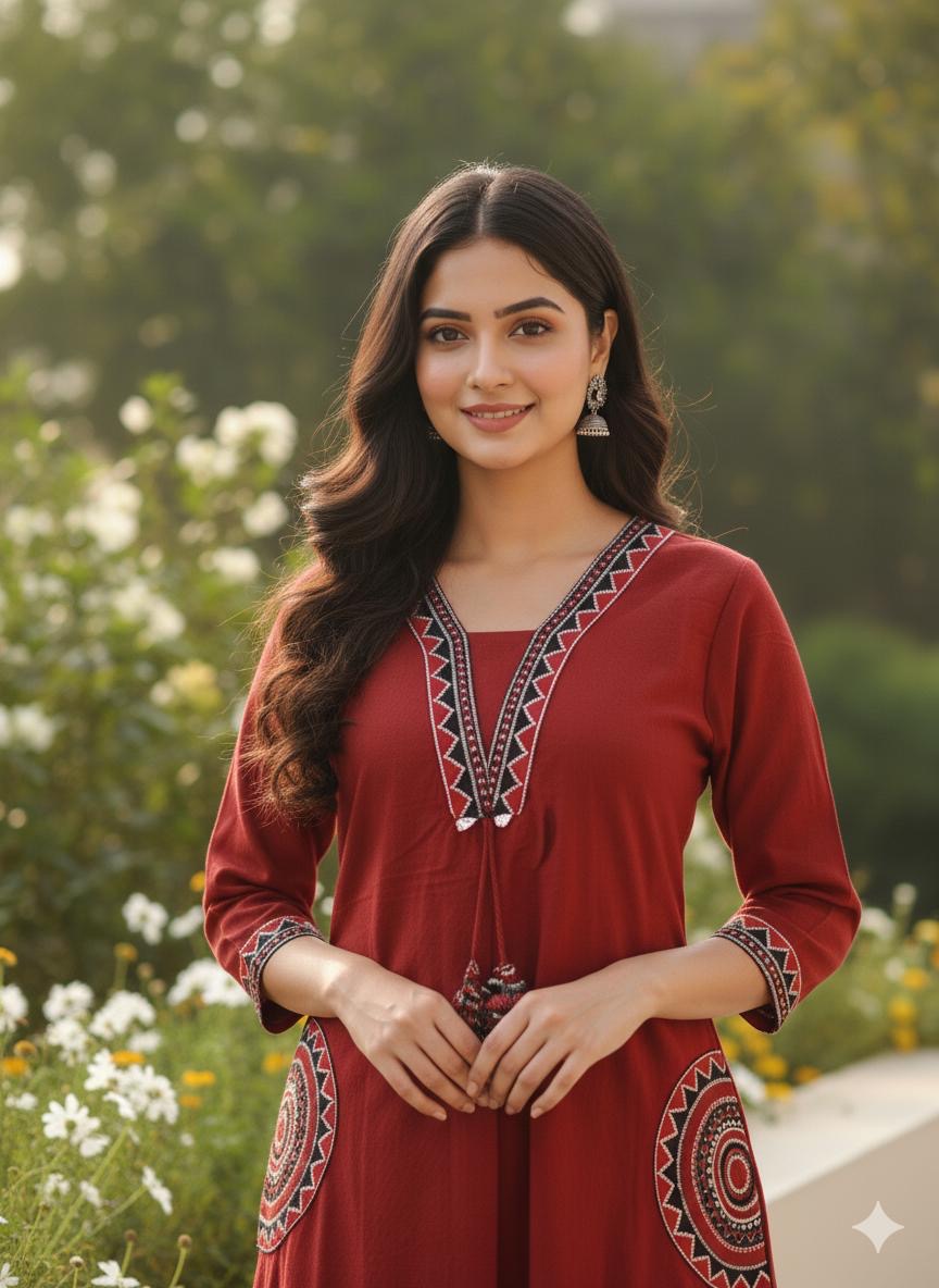 Women's Embroidery Cotton Kurta Palazzo Set – Ruby Red