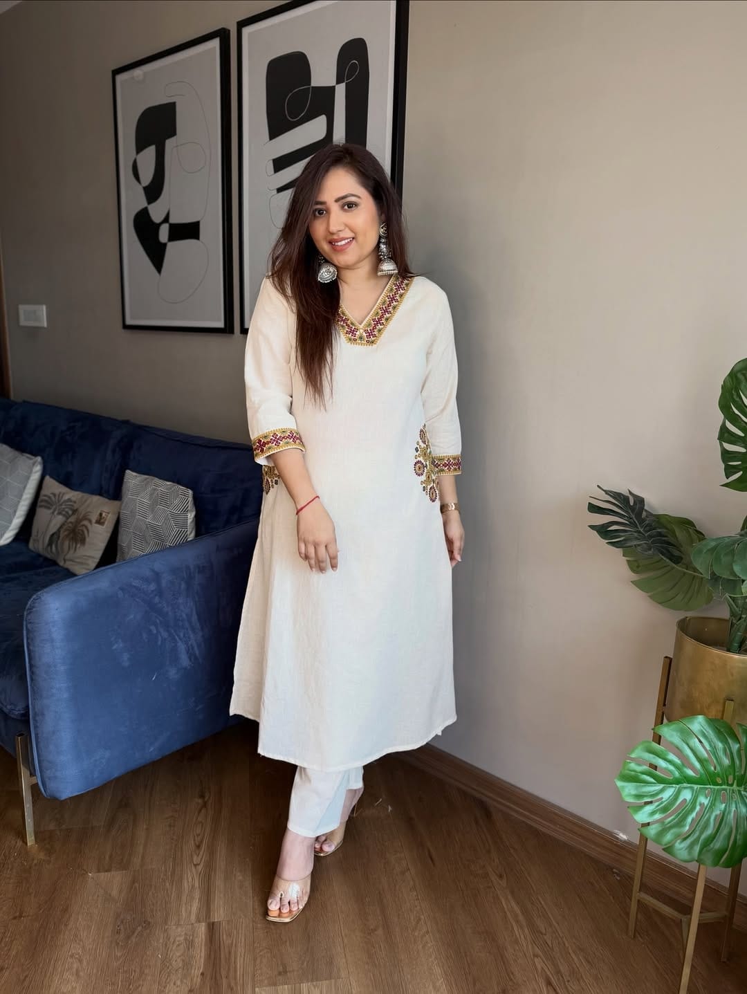 Women's Embroidery Cotton Kurta Palazzo Set – Off-White