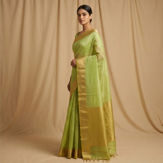 Maheshwari Handloom Silk-Cotton Saree – Forest Green