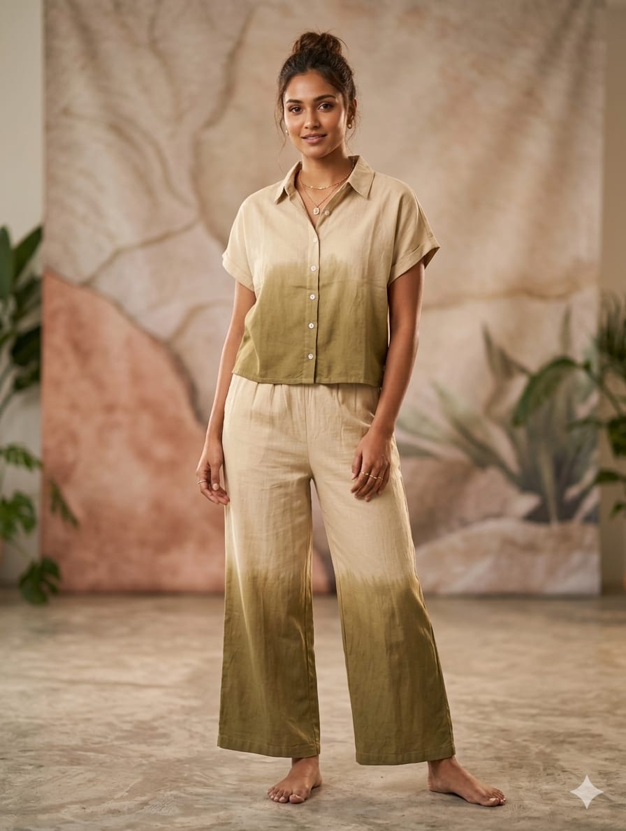 Olive Solid Collared Shirt Co-Ord Set