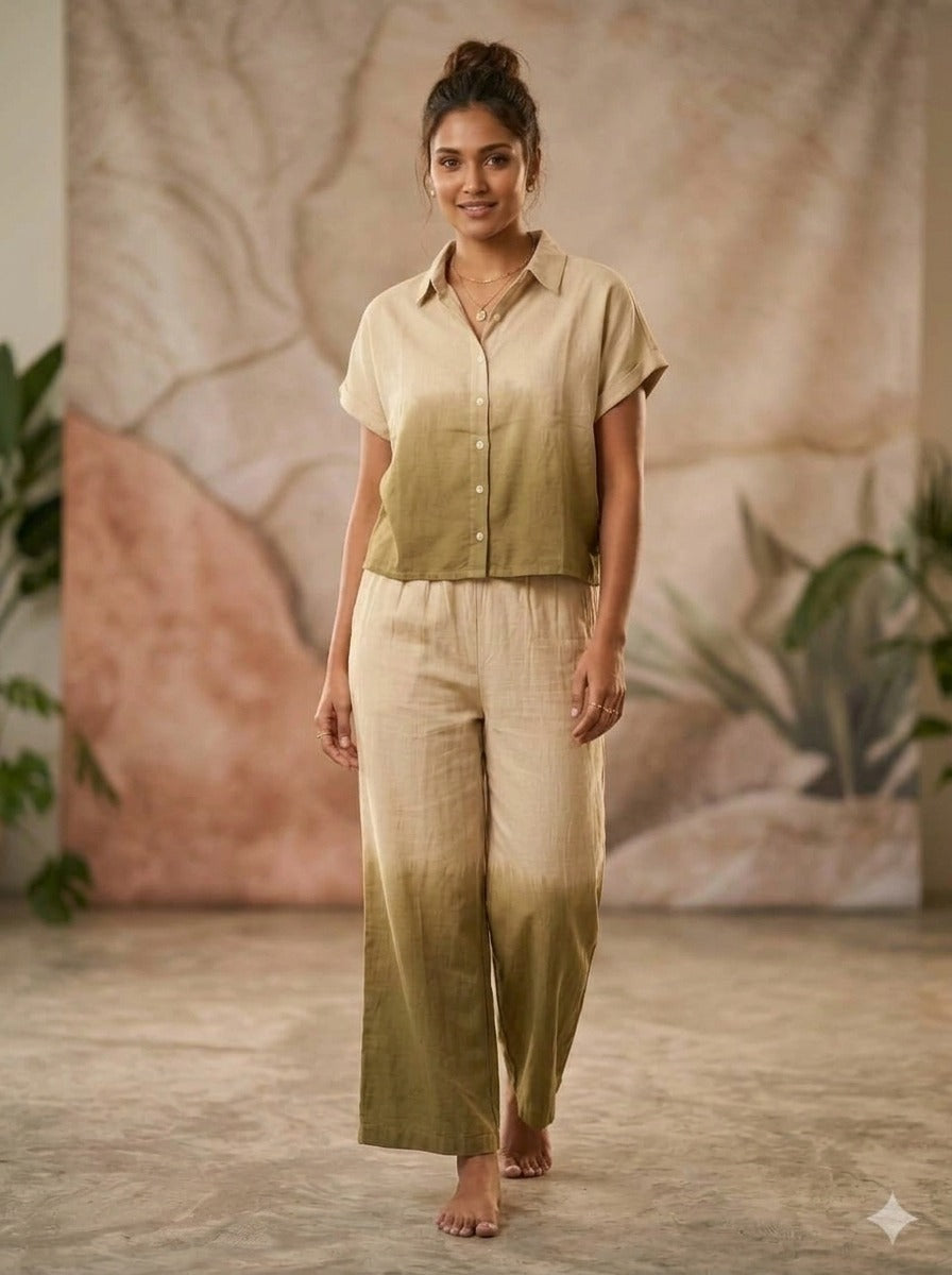Olive Solid Collared Shirt Co-Ord Set