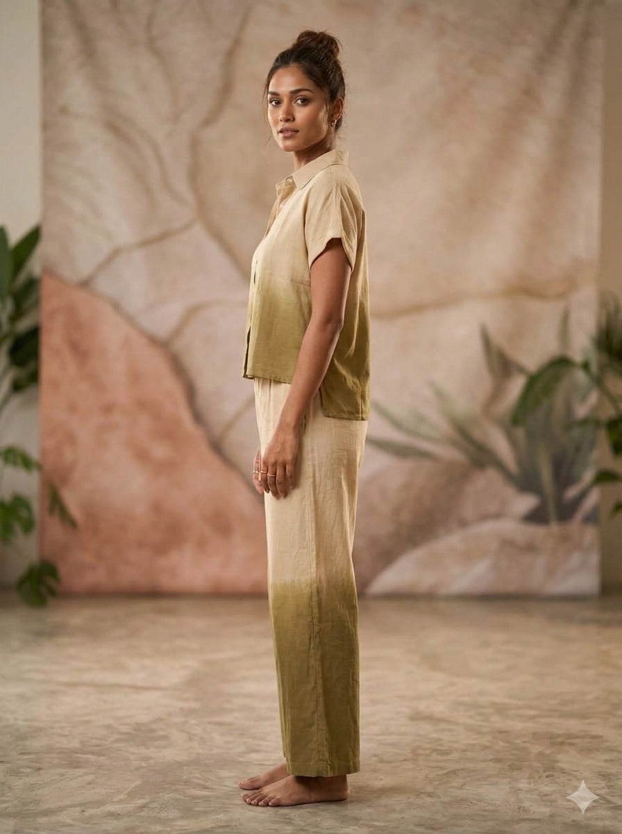Olive Solid Collared Shirt Co-Ord Set