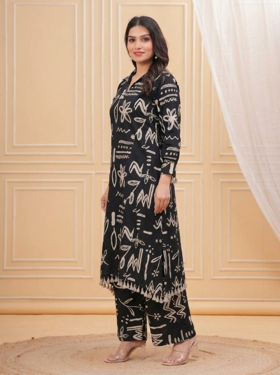 Black Abstract Print Pure Cotton Co-Ord Set